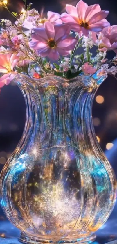 A shimmering glass vase with pink flowers.