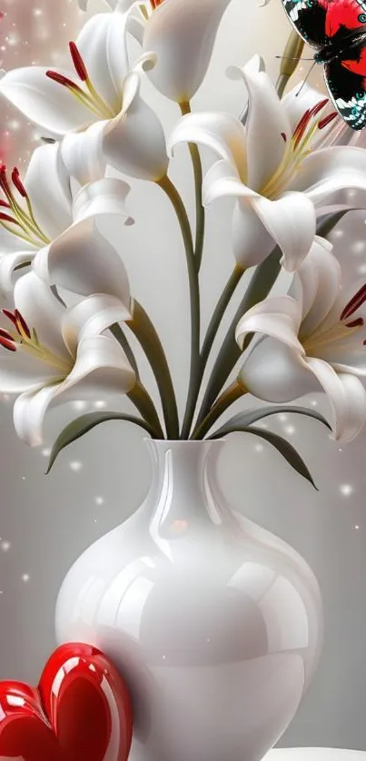 Vase of white lilies with a butterfly, elegant and decorative wallpaper.