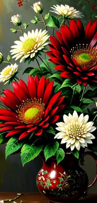 Red and white floral vase wallpaper for mobile devices.