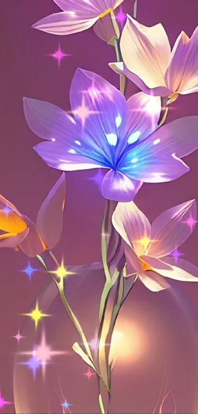 Elegant floral vase with glowing pastel flowers.