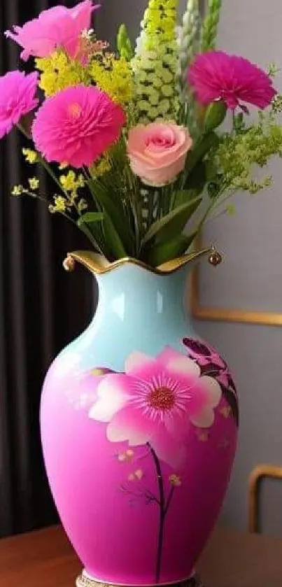 Elegant pink floral vase with vibrant flowers.