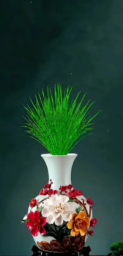 Floral vase with greenery mobile wallpaper design.