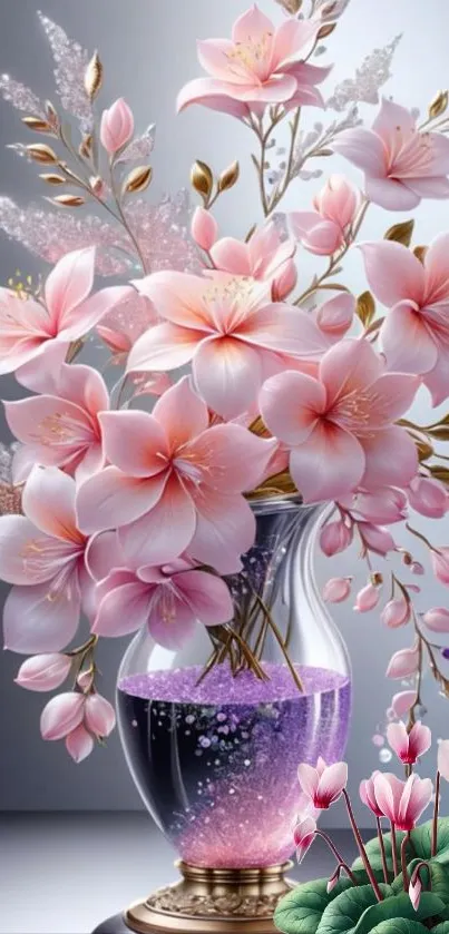 Elegant wallpaper featuring a pink floral arrangement in a vase.