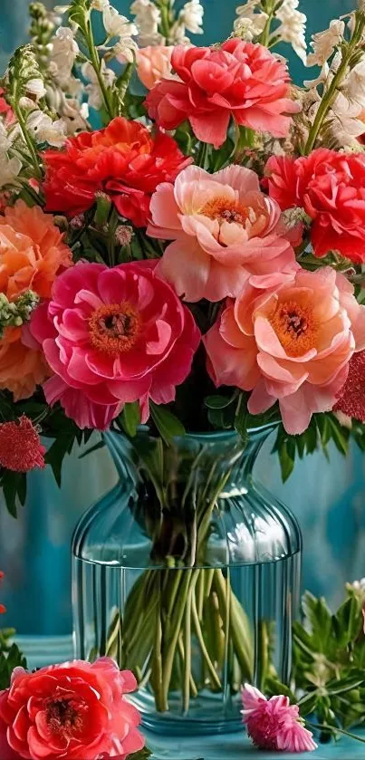 Vibrant floral bouquet in a clear vase against a teal background.