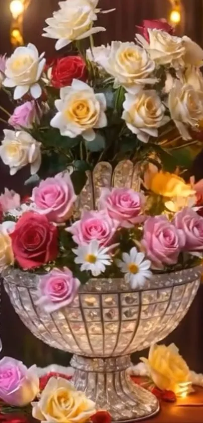Floral arrangement with roses in a crystal vase