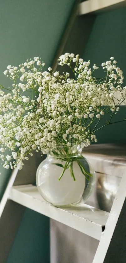 Delicate flowers in a vase on a rustic ladder with a teal background.