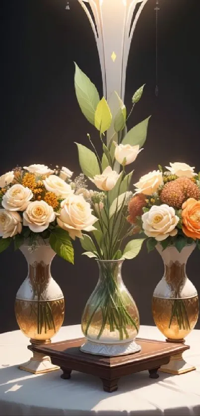 Trio of elegant vases with floral bouquets on a table.