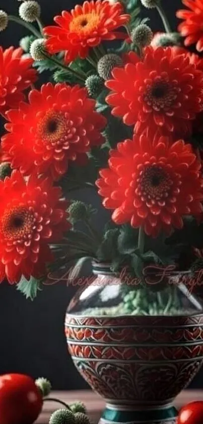 Vibrant red flowers in an elegant ornate vase.