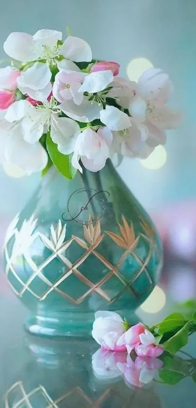 Elegant floral vase with white and pink flowers on a blue background.