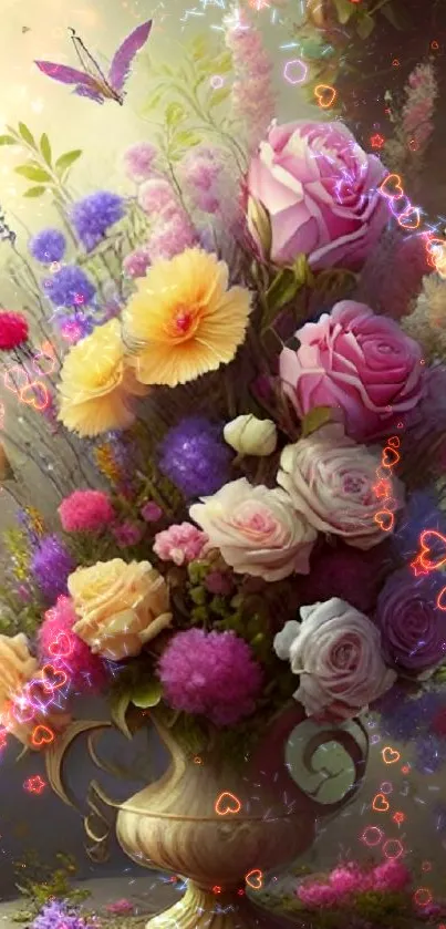 Elegant bouquet of colorful flowers in a vase with a beige background.