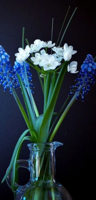 Elegant floral wallpaper with blue and white flowers in a vase.