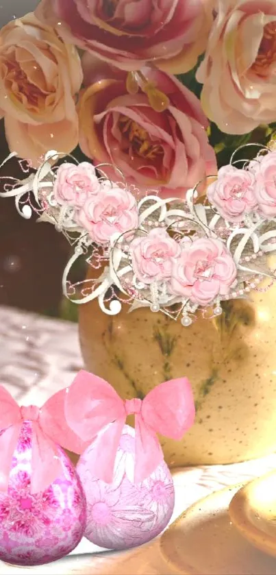 Mobile wallpaper with pink roses in a vase.