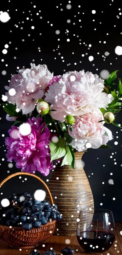 Elegant floral arrangement with pink peonies and grapes in a vase.