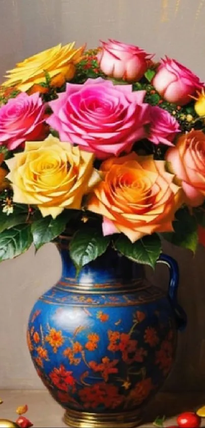 A detailed vase with vibrant roses in pink, orange, and yellow hues.