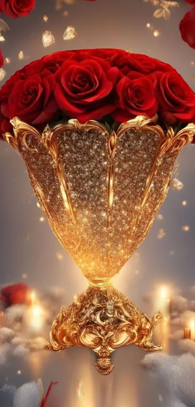 Elegantly composed red rose bouquet in a gold vase with a luxurious setting.