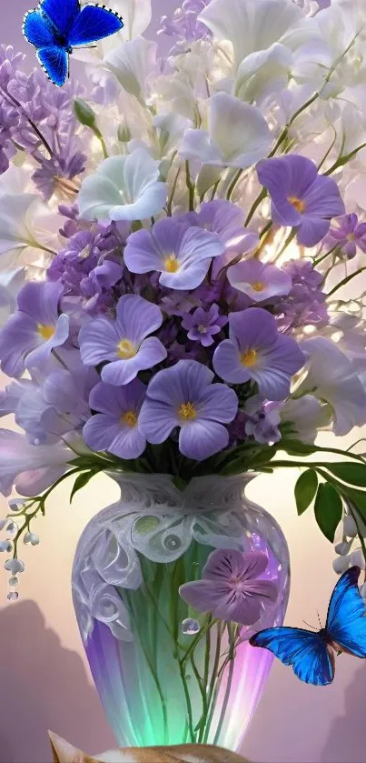 Elegant floral vase with purple flowers and butterflies wallpaper.