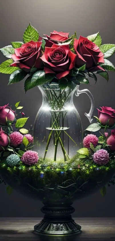 Elegant wallpaper of red roses in a glass vase with lush greenery.