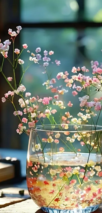 Delicate pink flowers in a glass vase in a sunlit room.