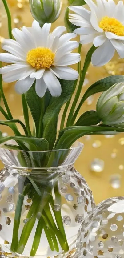 Floral vase with white daisies against a gold background.