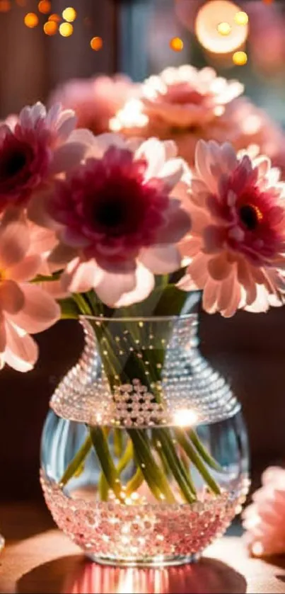 Elegant pink daisy flowers in a glass vase under warm lighting.