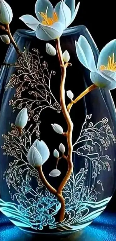 Elegant blue floral vase against dark background.