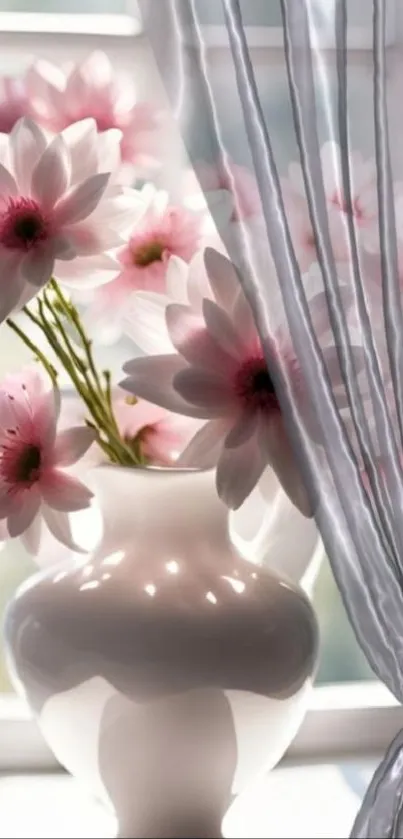Elegant white vase with pink flowers by window.
