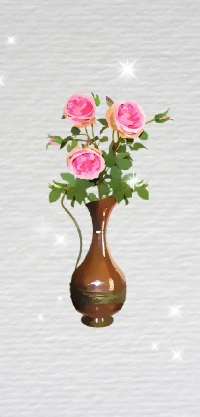 Elegant pink roses in a vase on a light grey background wallpaper.