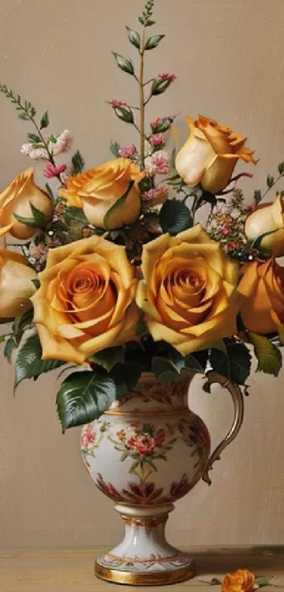 Elegant floral wallpaper with yellow roses in a decorative vase.