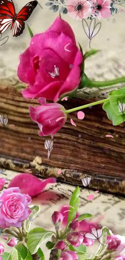 Pink roses and butterflies on a vintage book backdrop.