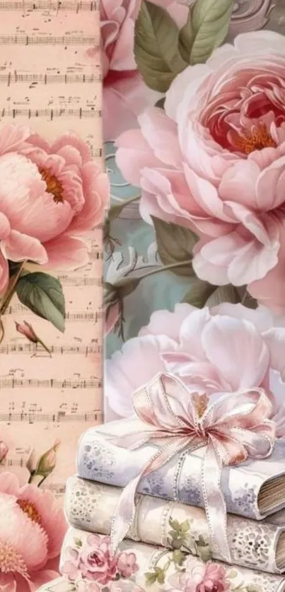 Vintage floral wallpaper with pink peonies and books.