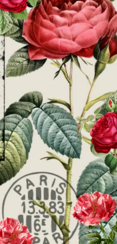 Vintage wallpaper with red roses and green leaves.