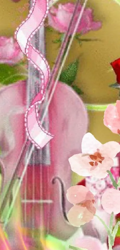 Mobile wallpaper with pink violin and floral design, featuring roses.