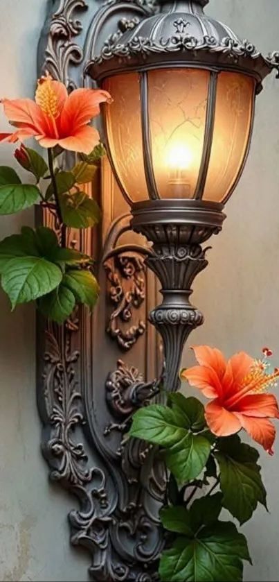 Vintage wall sconce with orange flowers and light.