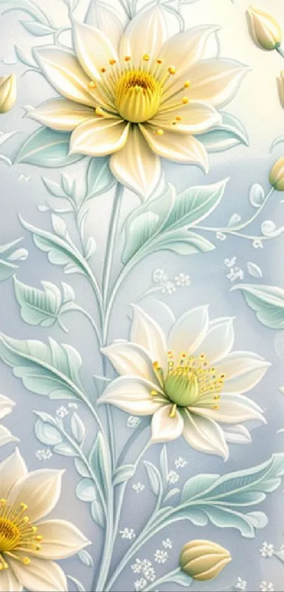 Elegant floral wallpaper with pastel yellow flowers and soft green leaves.