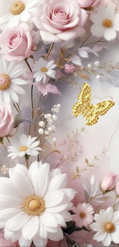 Elegant floral wallpaper with pink roses, daisies, and a golden butterfly.