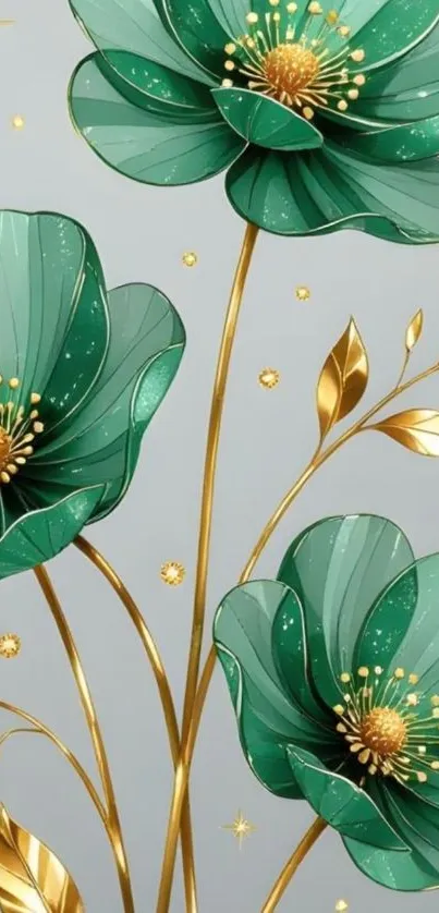 Elegant floral wallpaper with green and gold flowers.