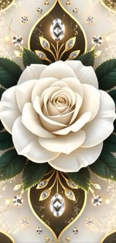 Elegant wallpaper with white rose and gold accents.