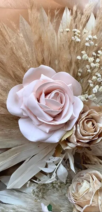 Soft and elegant floral wallpaper with roses and pampas grass.