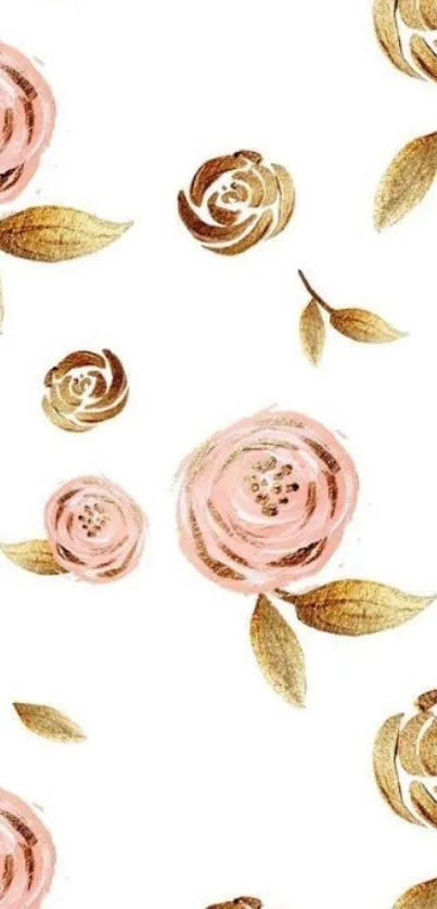 Elegant wallpaper with pink roses and gold leaves on a white background.