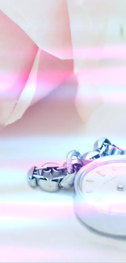 Elegant rose and watch with pink hues in mobile wallpaper.