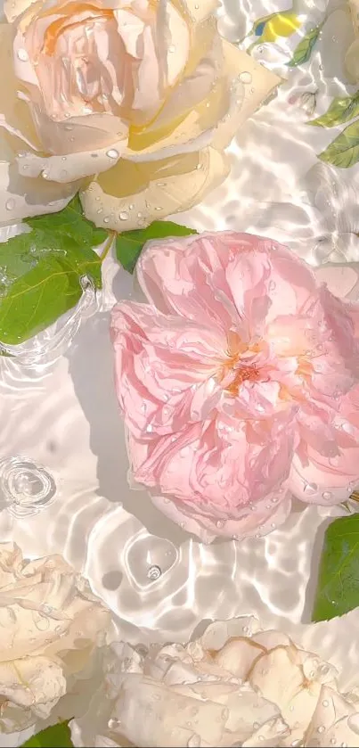 Elegant pink and white roses float on rippling water with green leaves.