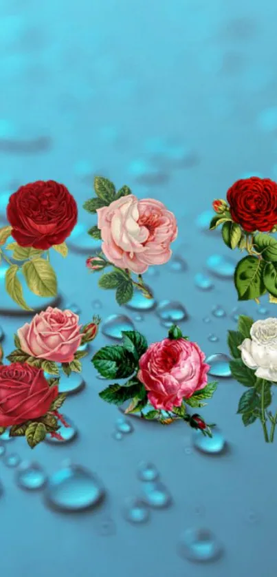 Floral wallpaper with colorful roses on blue water droplets background.