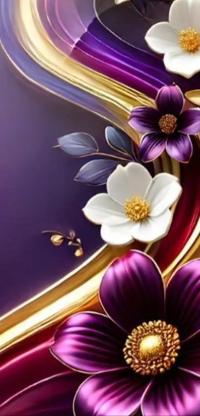 Purple and gold floral abstract wallpaper design.
