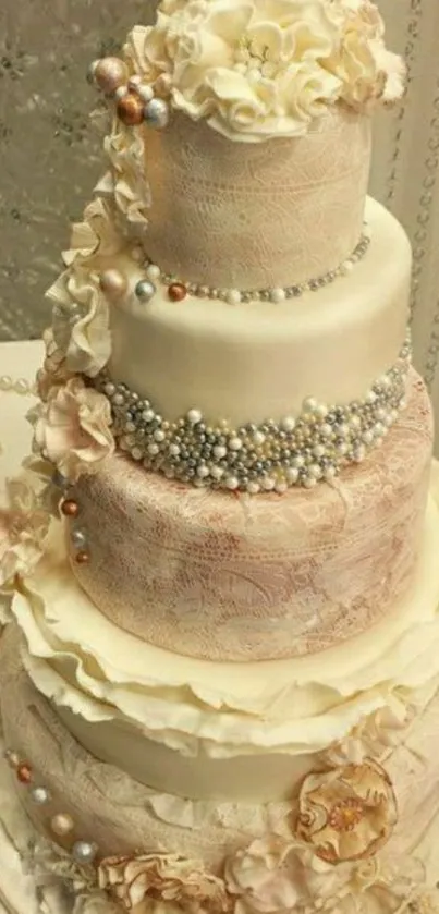 Elegant floral decorated wedding cake with pearls.