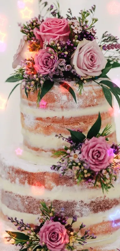 Three-tier naked wedding cake with pink roses and floral decorations.