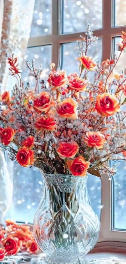 Elegant floral arrangement by winter window.