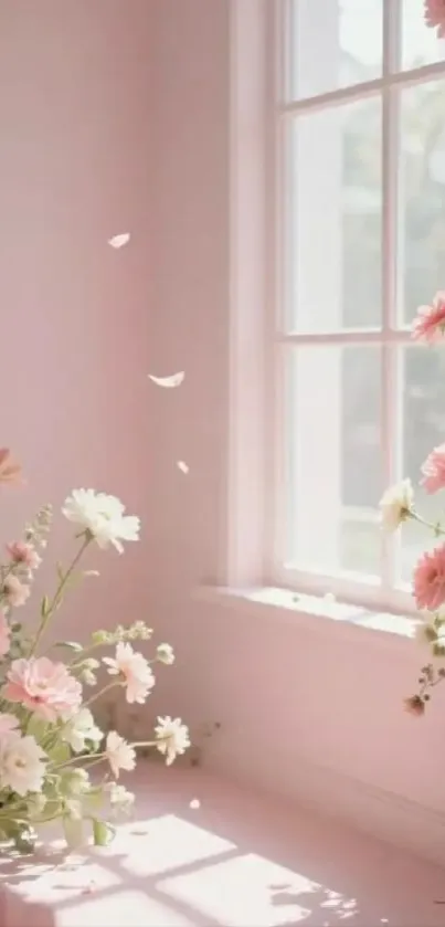 Sunlit window with elegant pink florals.