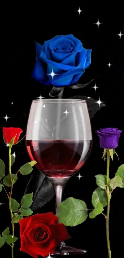 Wallpaper with blue, red roses and wine glass on black.