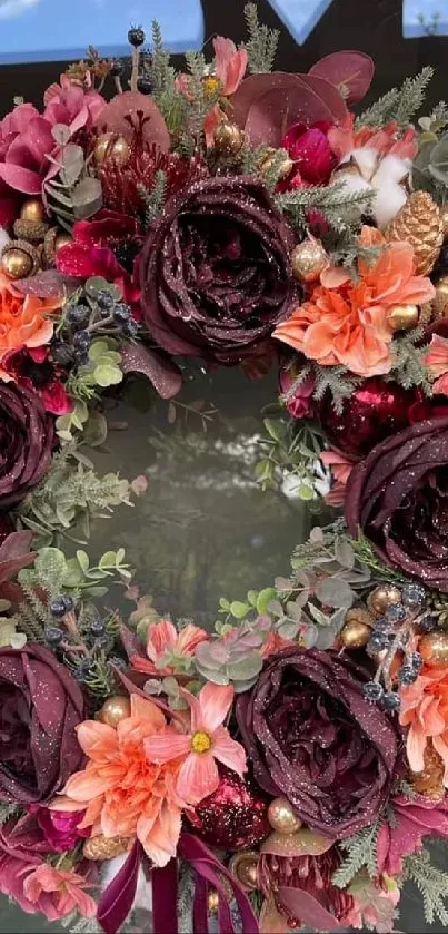 Elegant floral wreath wallpaper with vibrant colors and burgundy accents.