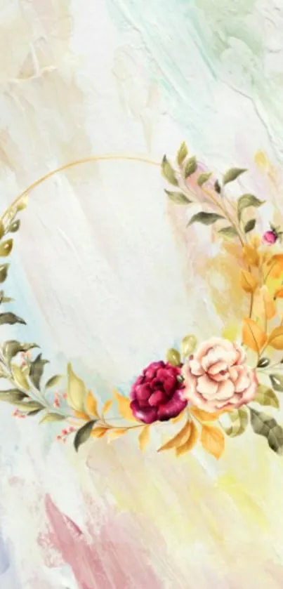 Floral wreath with a pastel watercolor background.